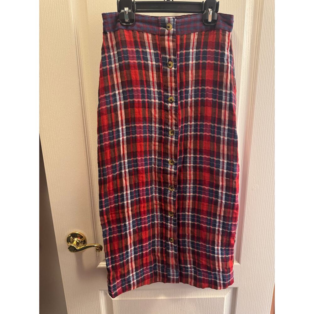Urban Outfitters Plaid Button Front Midi Skirt Size S Red, white, Blue Woven